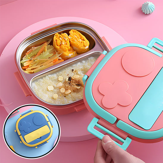 2 COMPARTIMENTS LUNCH BOX ROSE AVEC SON COUVERCLE ET PRESENTATION LUNCH BOX BLEU