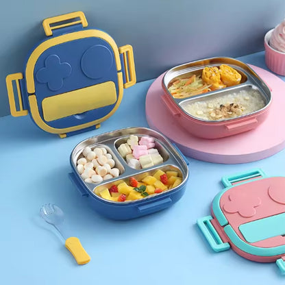 LUNCH BOX ROSE ET BLEU AVEC COMPARTIMENTS ET FOURCHETTE