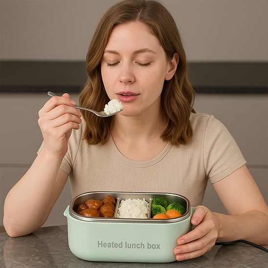 FEMME AVEC COUVERT MANGE SON REPAS 